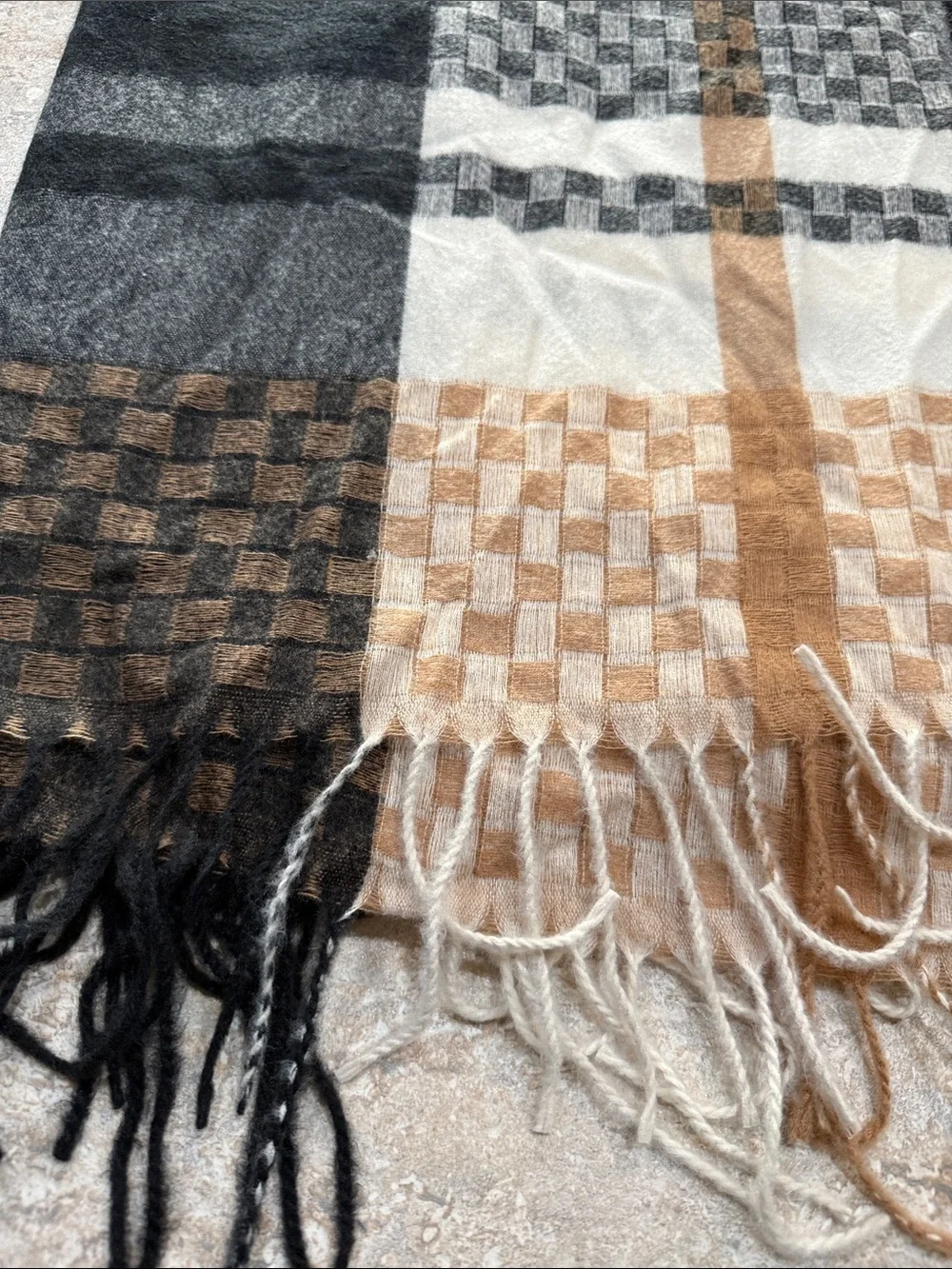 Nine West Checked Fringe Scarf in Cream, Tan & Black